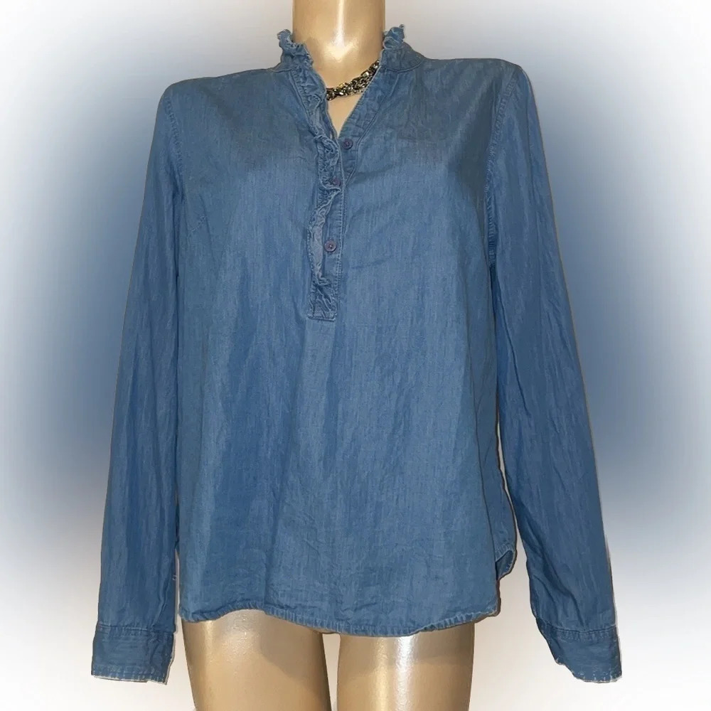 Kim Rogers womens shirt large blue ruffle long sleeve denim jean top trend